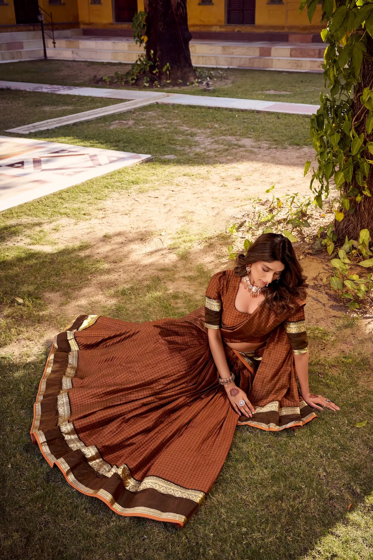 Rust Orange Zari Weaving Cotton Lehenga choli