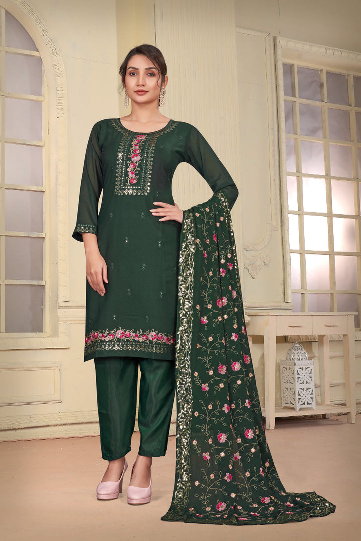 GREEN STAR GEORGETTE WITH EMBROIDERY WORK AND LINNING ATTACHED KURTA SET