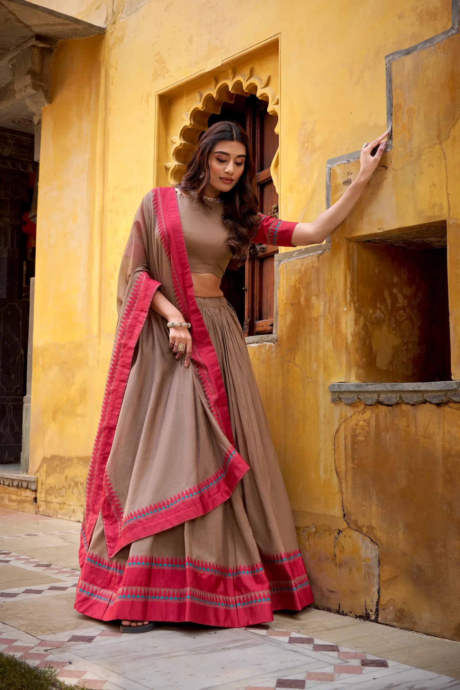 Dark Beige Chanderi Thread Work Lehenga Choli