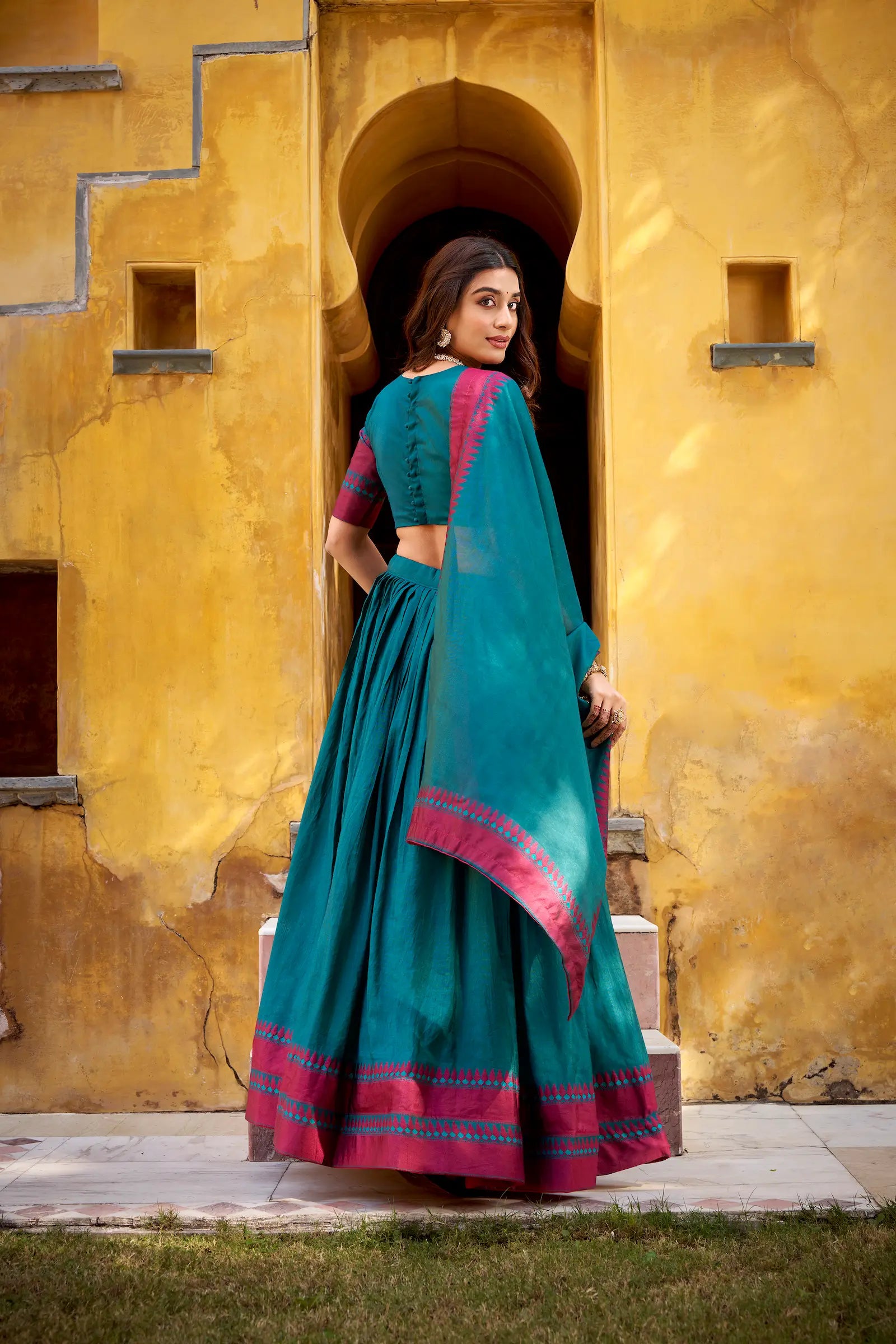 Teal Blue Chanderi Thread Work Lehenga Choli