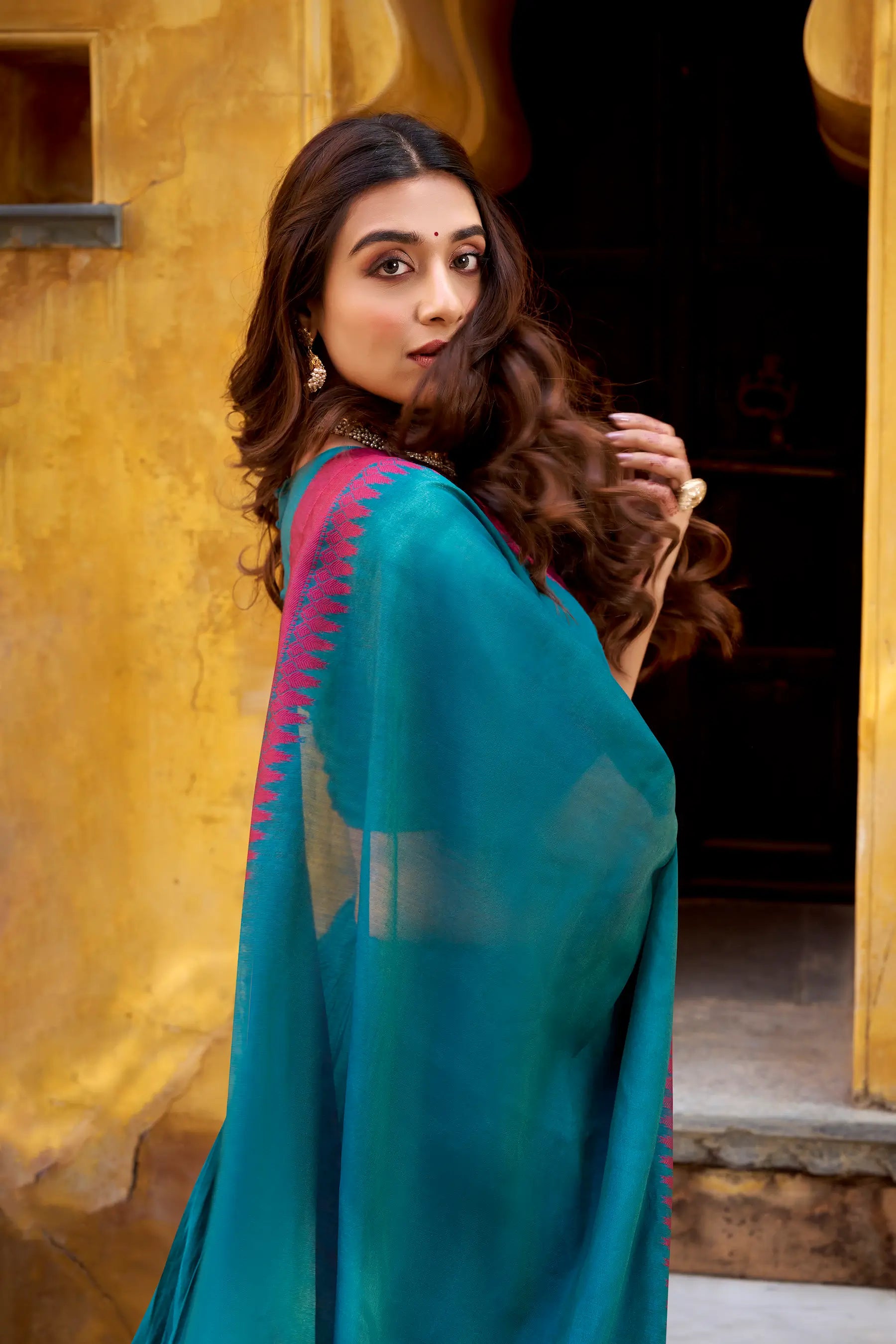 Teal Blue Chanderi Thread Work Lehenga Choli