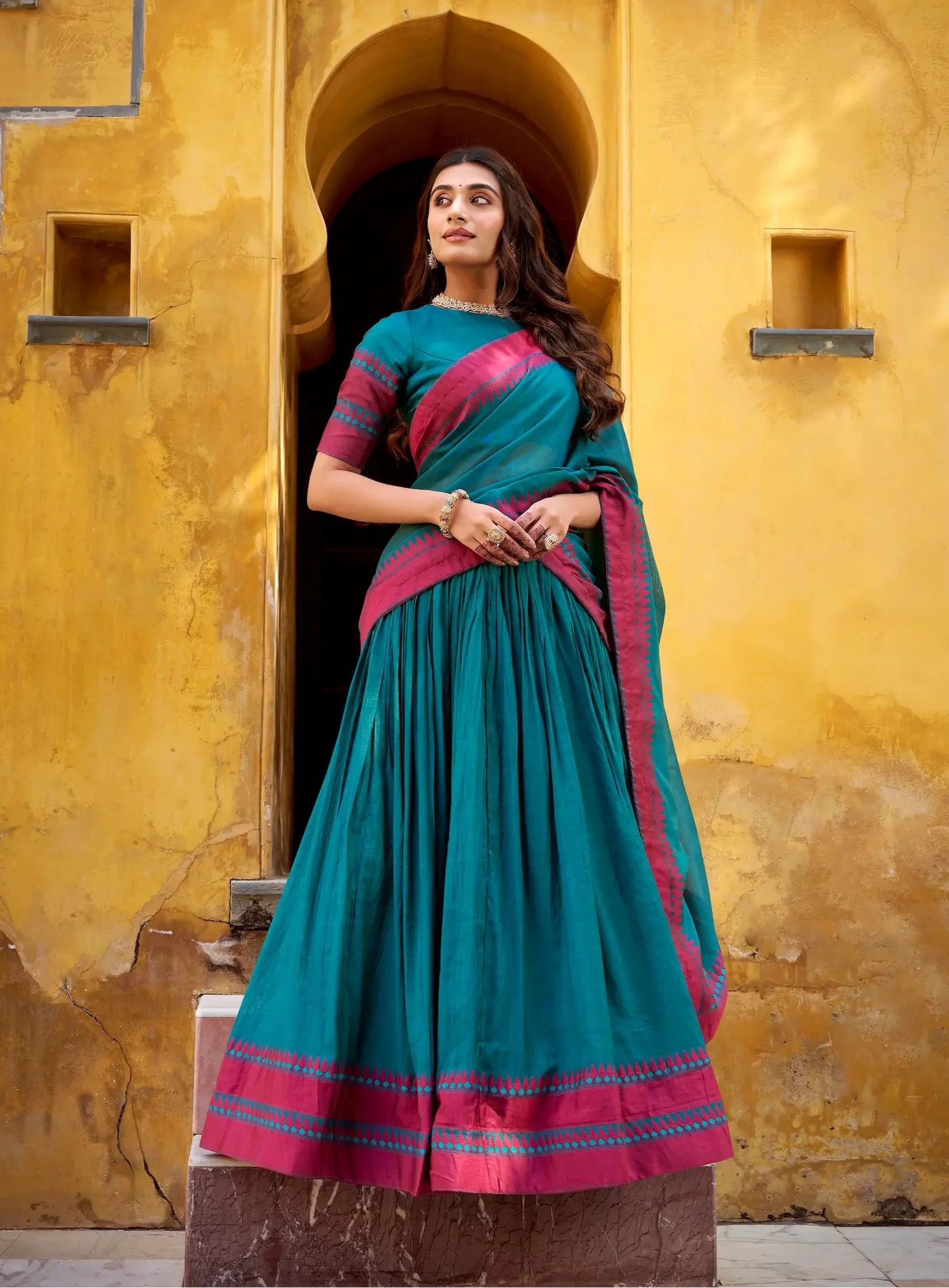 Teal Blue Chanderi Thread Work Lehenga Choli