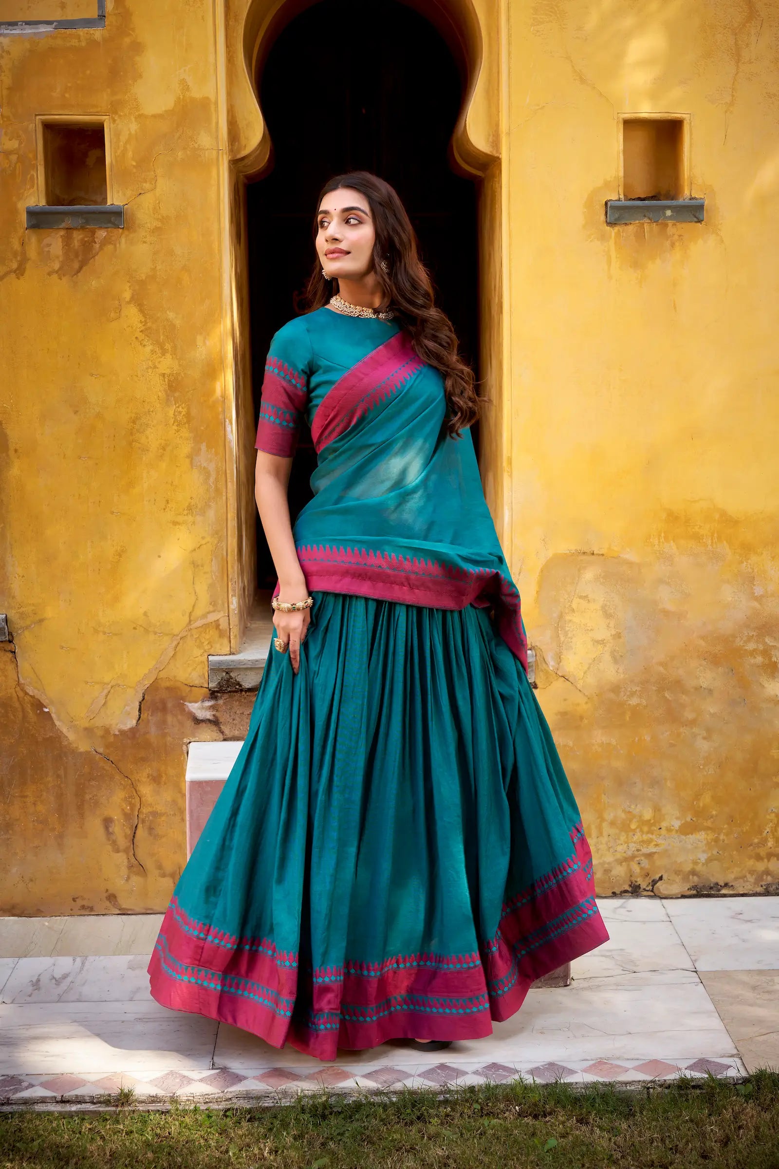 Teal Blue Chanderi Thread Work Lehenga Choli