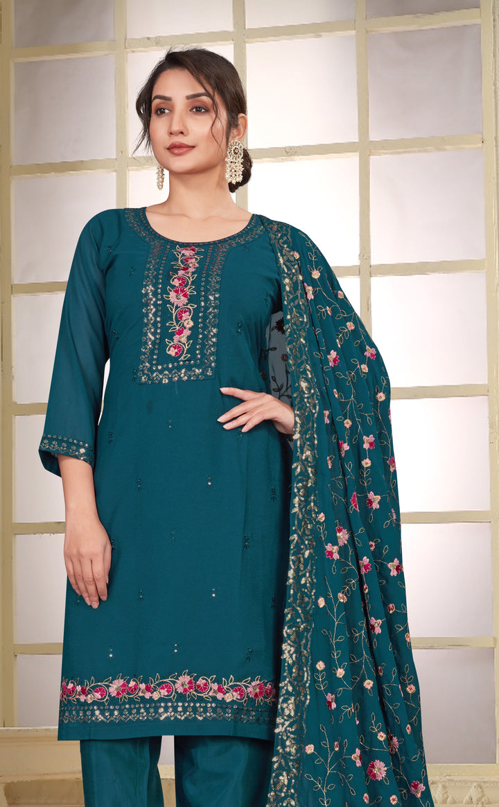 TEAL STAR GEORGETTE WITH EMBROIDERY WORK AND LINNING ATTACHED KURTA SET