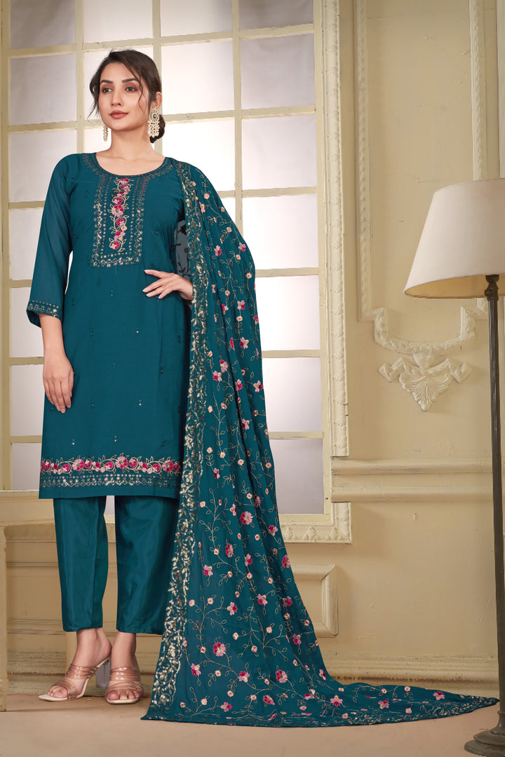 TEAL STAR GEORGETTE WITH EMBROIDERY WORK AND LINNING ATTACHED KURTA SET