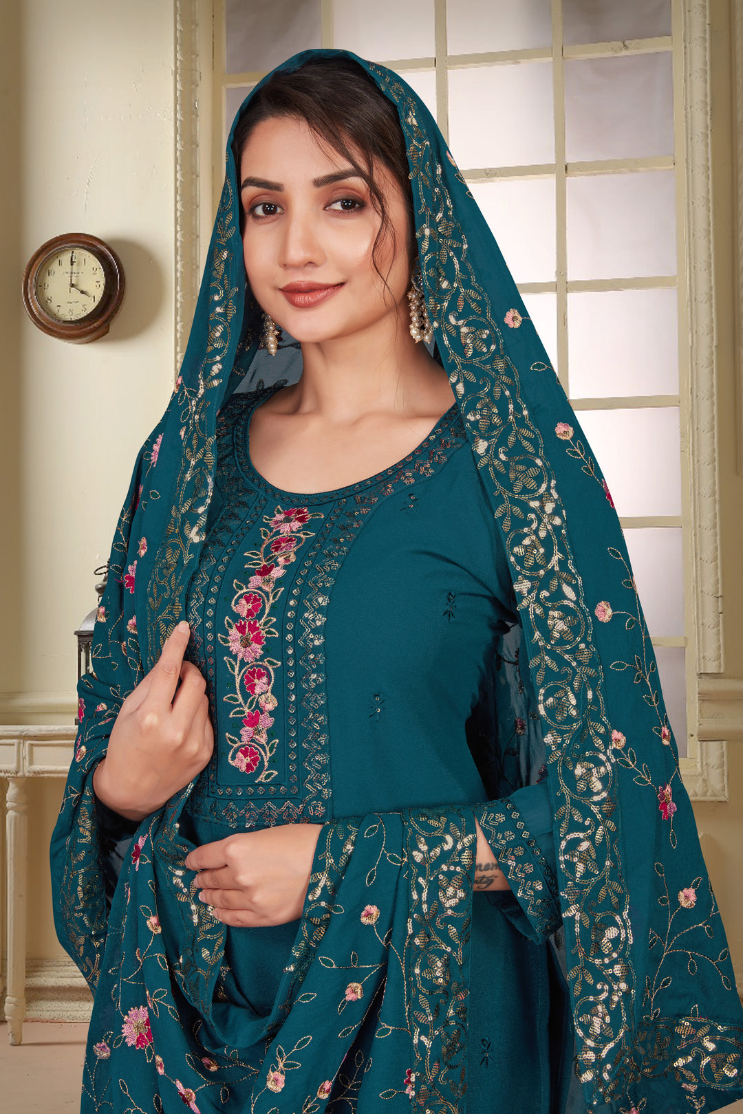 TEAL STAR GEORGETTE WITH EMBROIDERY WORK AND LINNING ATTACHED KURTA SET