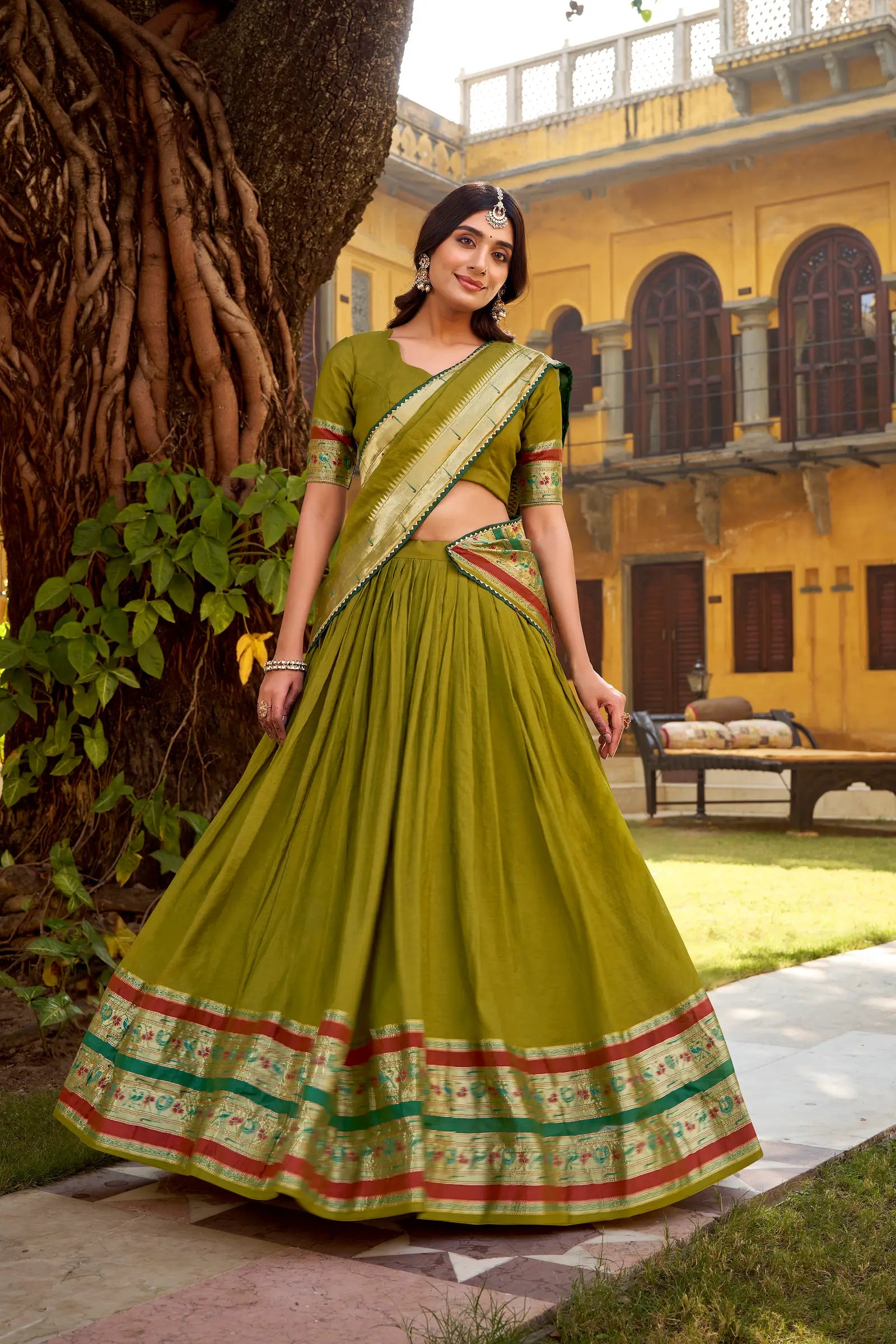 Mehendi Green Chanderi Zari Weaving Lehenga choli