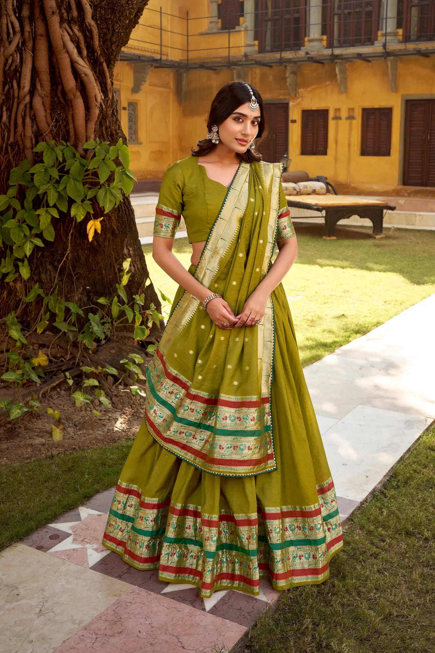 Mehendi Green Chanderi Zari Weaving Lehenga choli