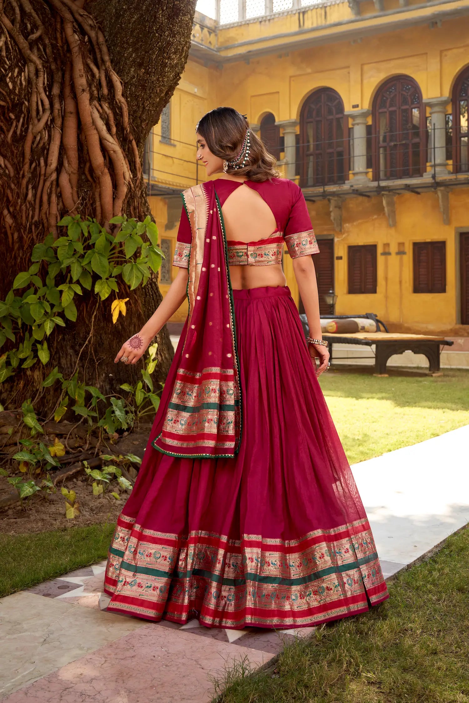 Glossy Maroon Chanderi Zari Weaving Lehenga choli