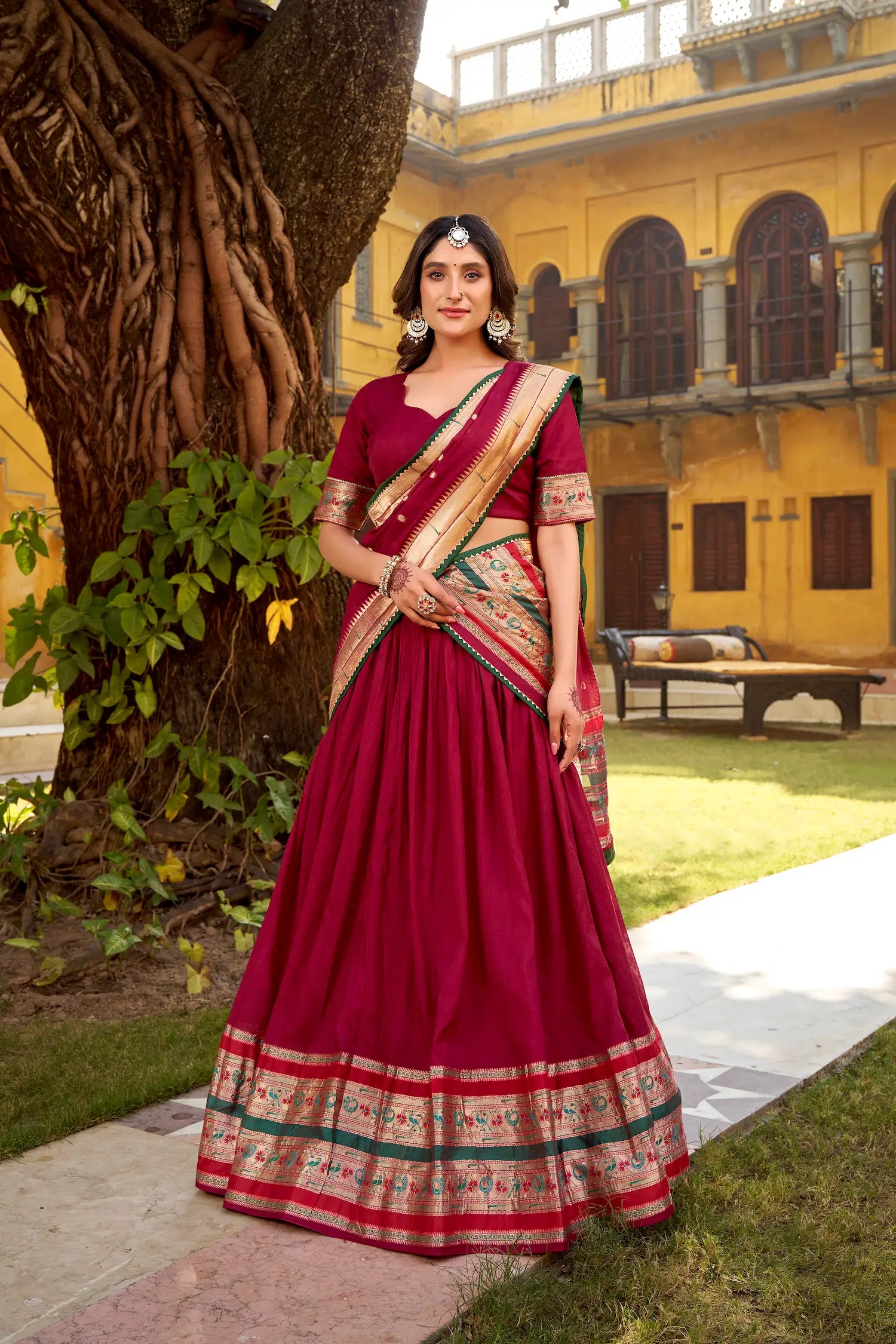 Glossy Maroon Chanderi Zari Weaving Lehenga choli