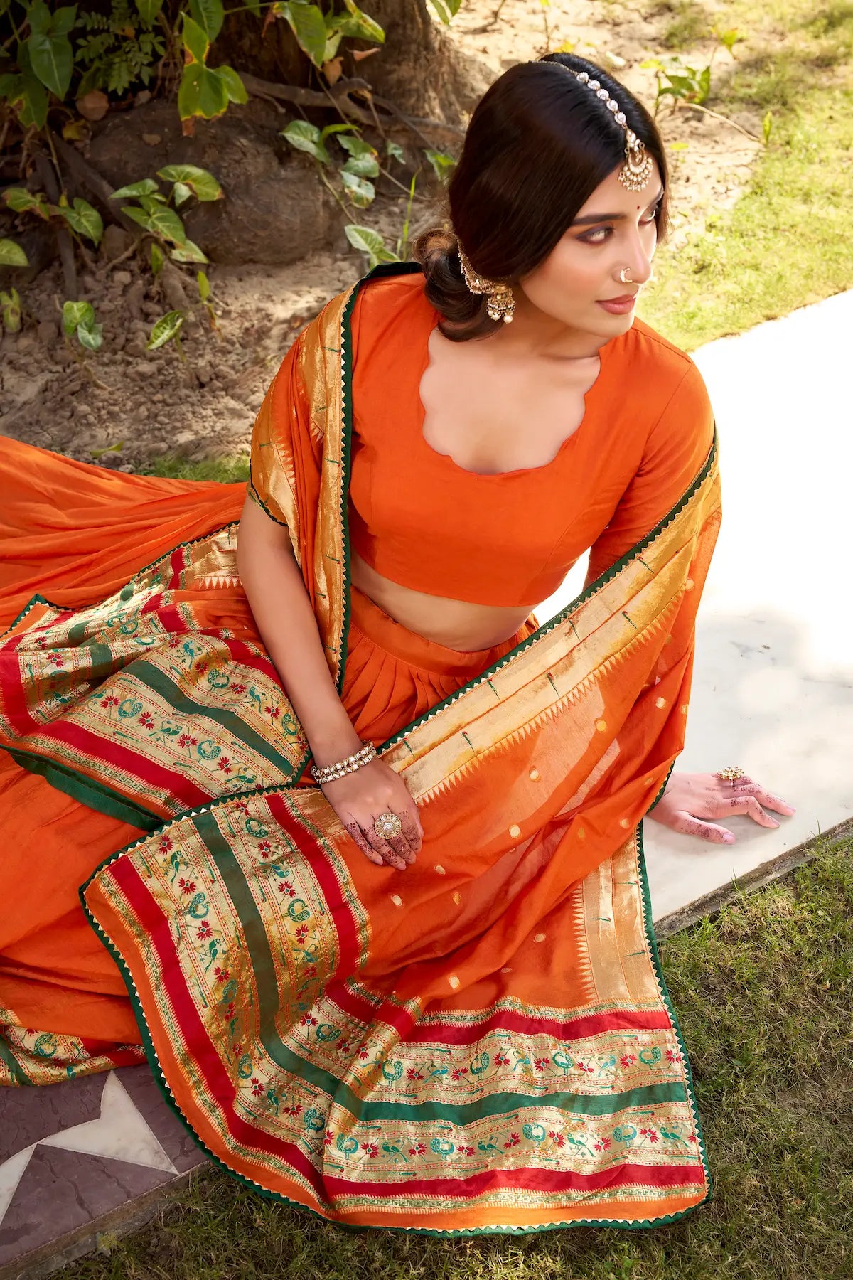 Bright Orange Chanderi Zari Weaving Lehenga choli