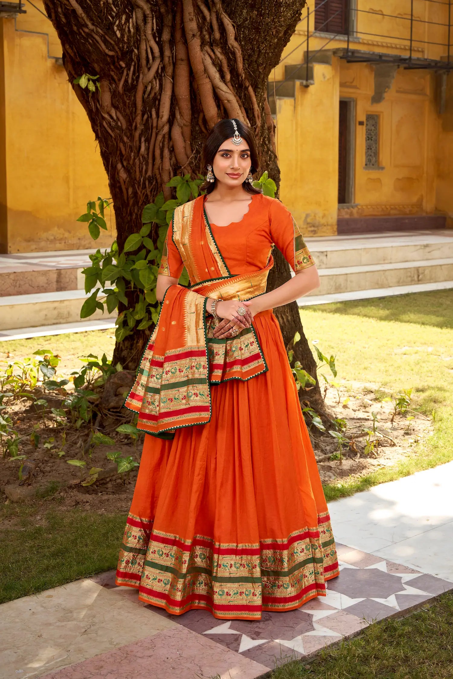 Bright Orange Chanderi Zari Weaving Lehenga choli