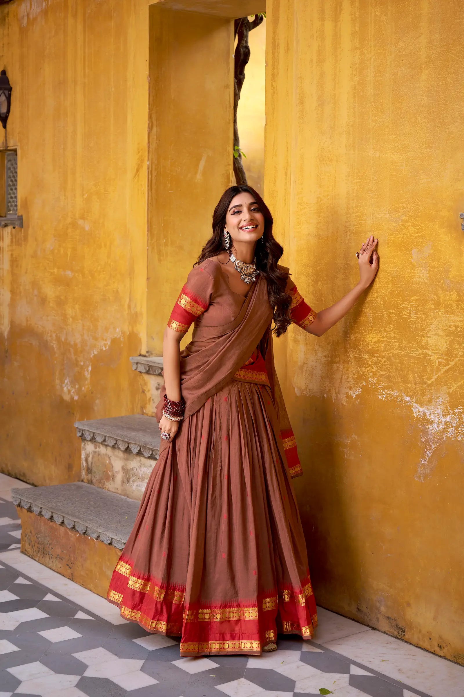 Bear Brown Chanderi Zari Weaving Lehenga Choli