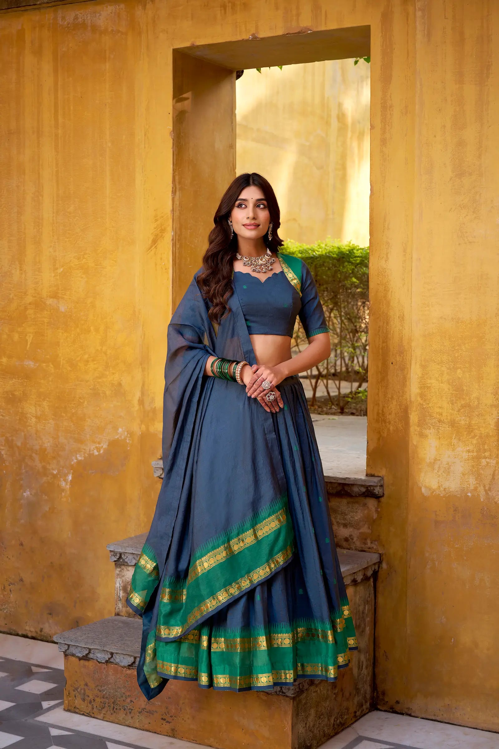 Navy Blue Blue Chanderi Zari Weaving Lehenga Choli
