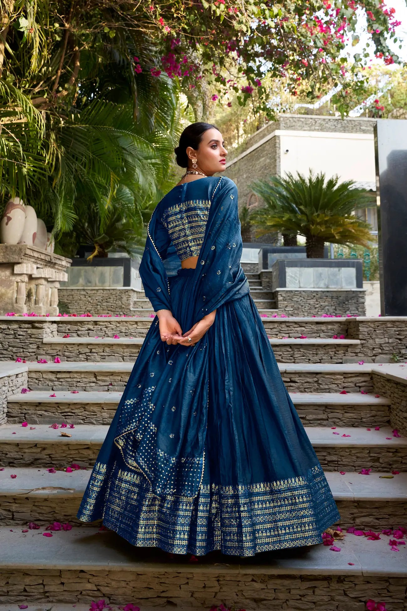Navy Blue Chanderi Silk Zari Weaving Lehenga Choli