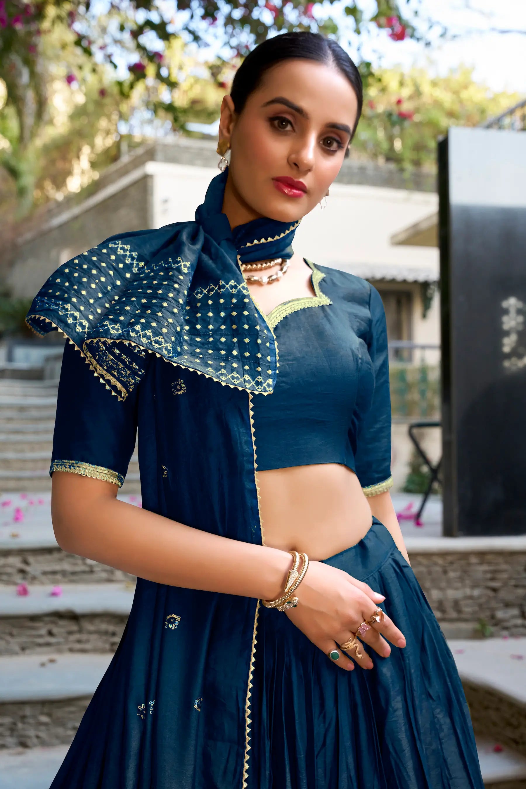 Navy Blue Chanderi Silk Zari Weaving Lehenga Choli