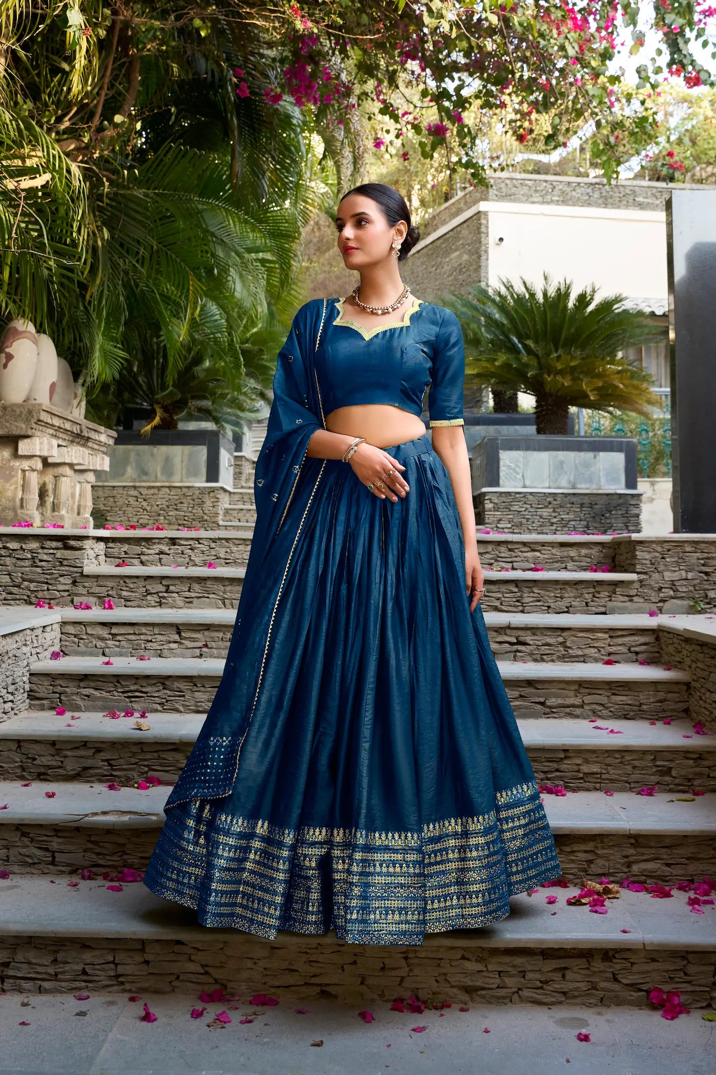 Navy Blue Chanderi Silk Zari Weaving Lehenga Choli