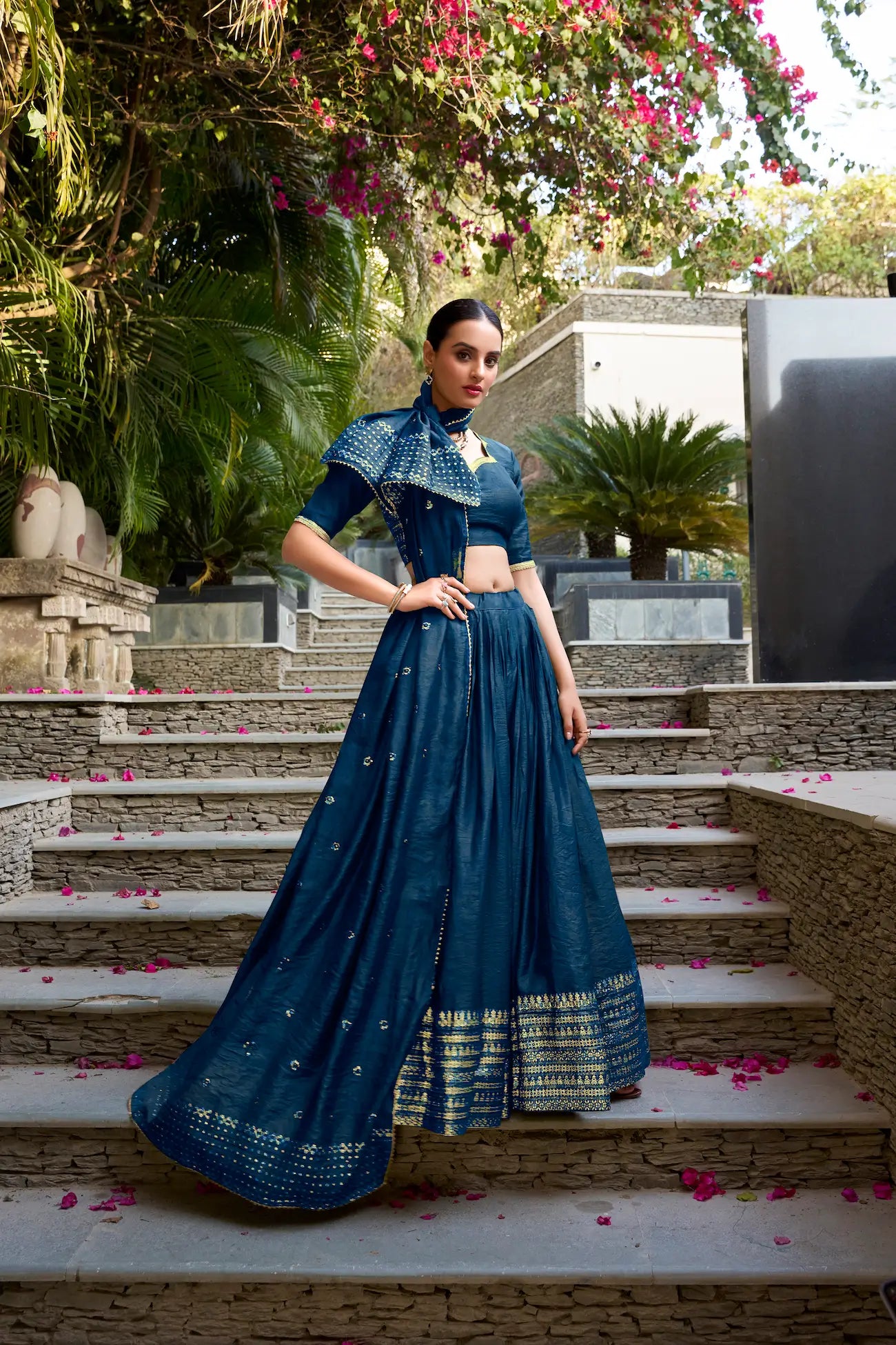 Navy Blue Chanderi Silk Zari Weaving Lehenga Choli