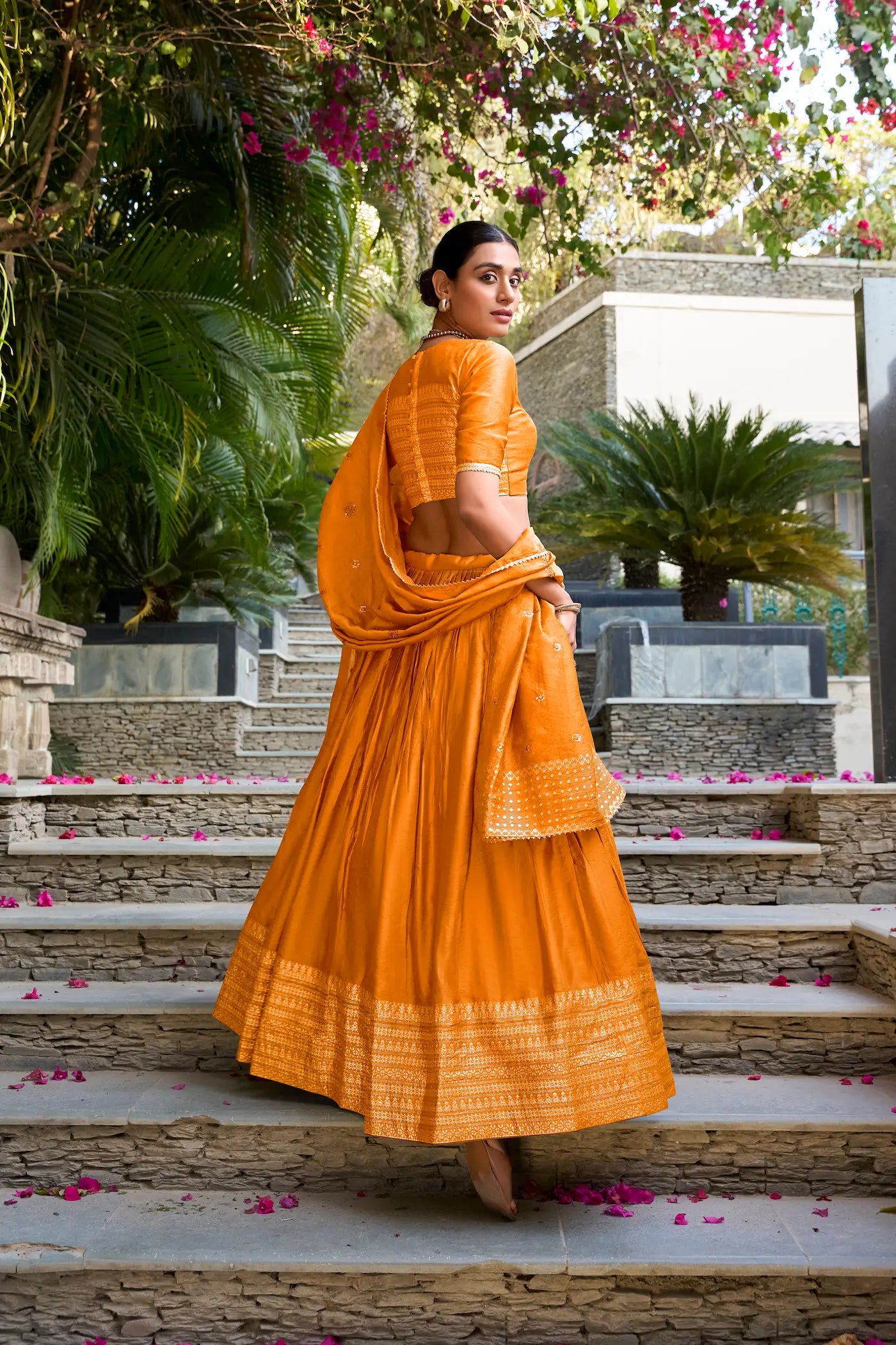 Dusty Orange Chanderi Silk Zari Weaving Lehenga Choli