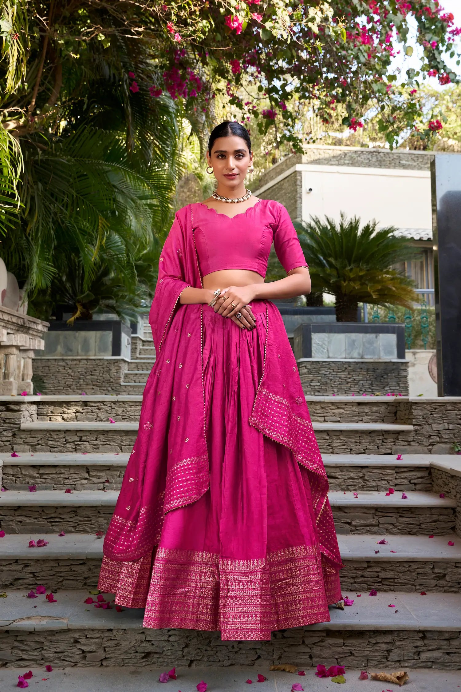 Hot Pink Chanderi Silk Zari Weaving Lehenga Choli