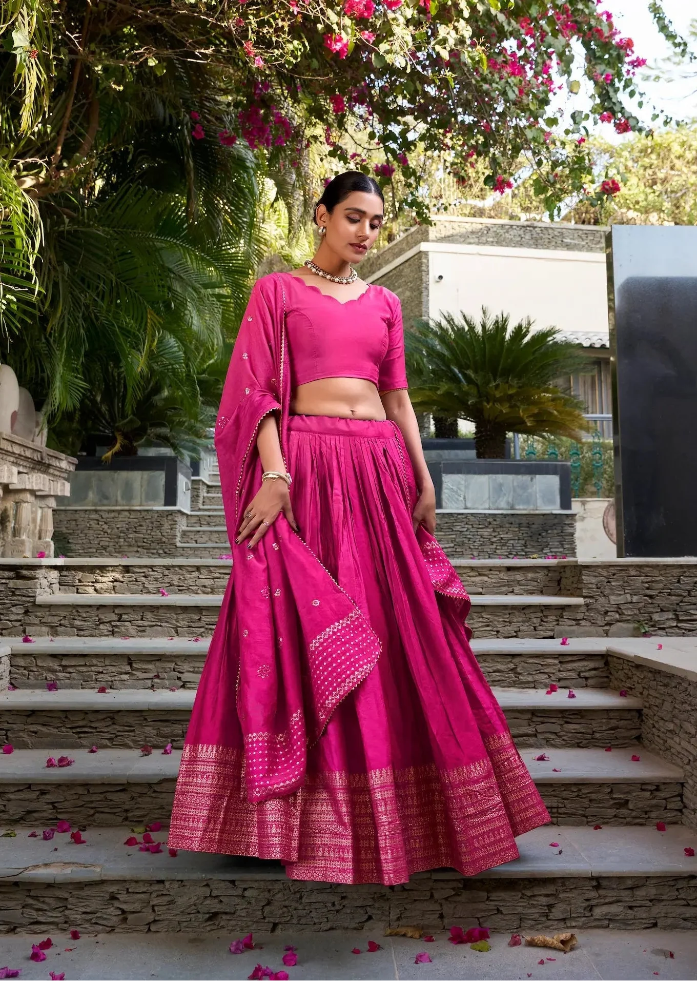 Hot Pink Chanderi Silk Zari Weaving Lehenga Choli