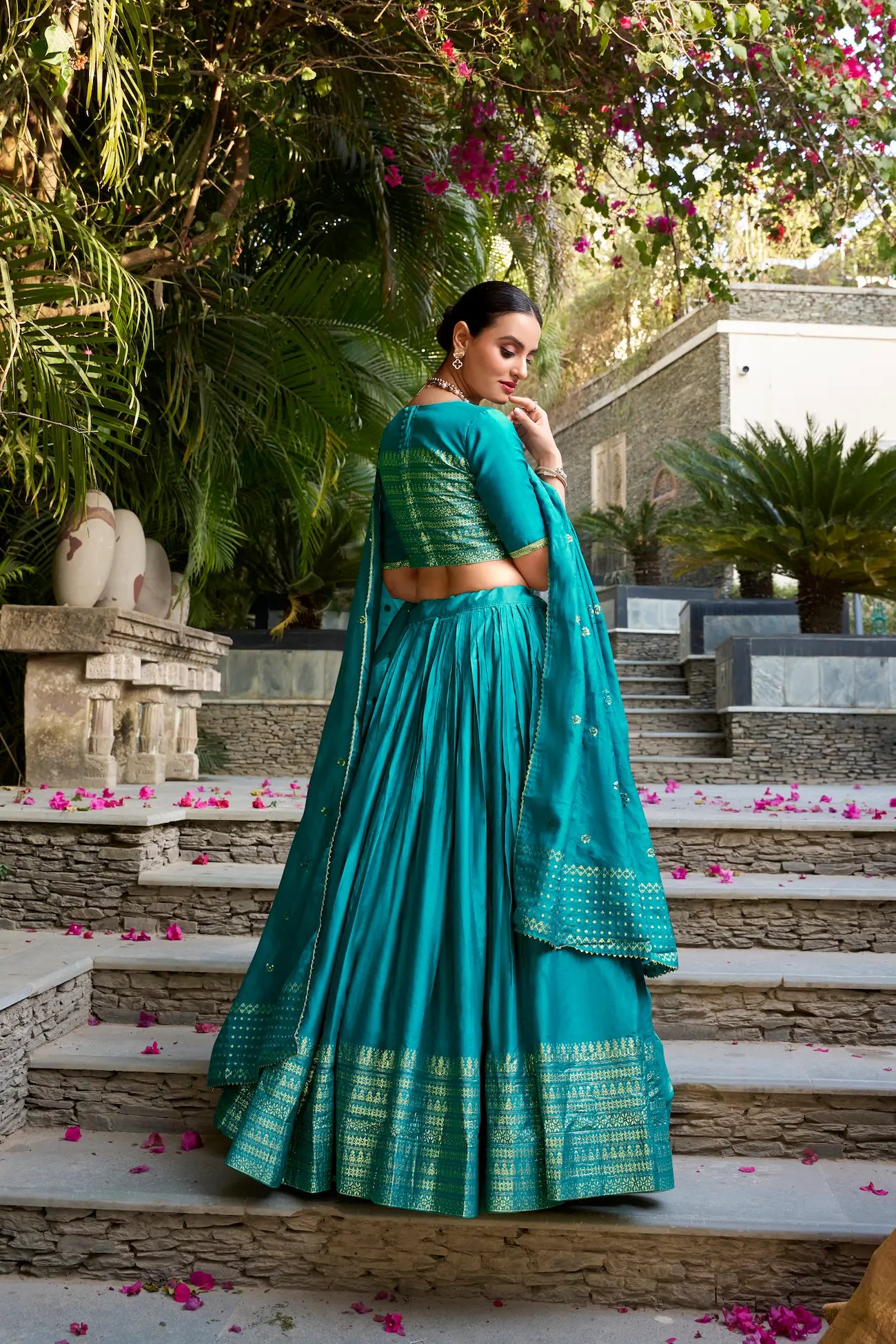Teal Blue Chanderi Silk Zari Weaving Lehenga Choli