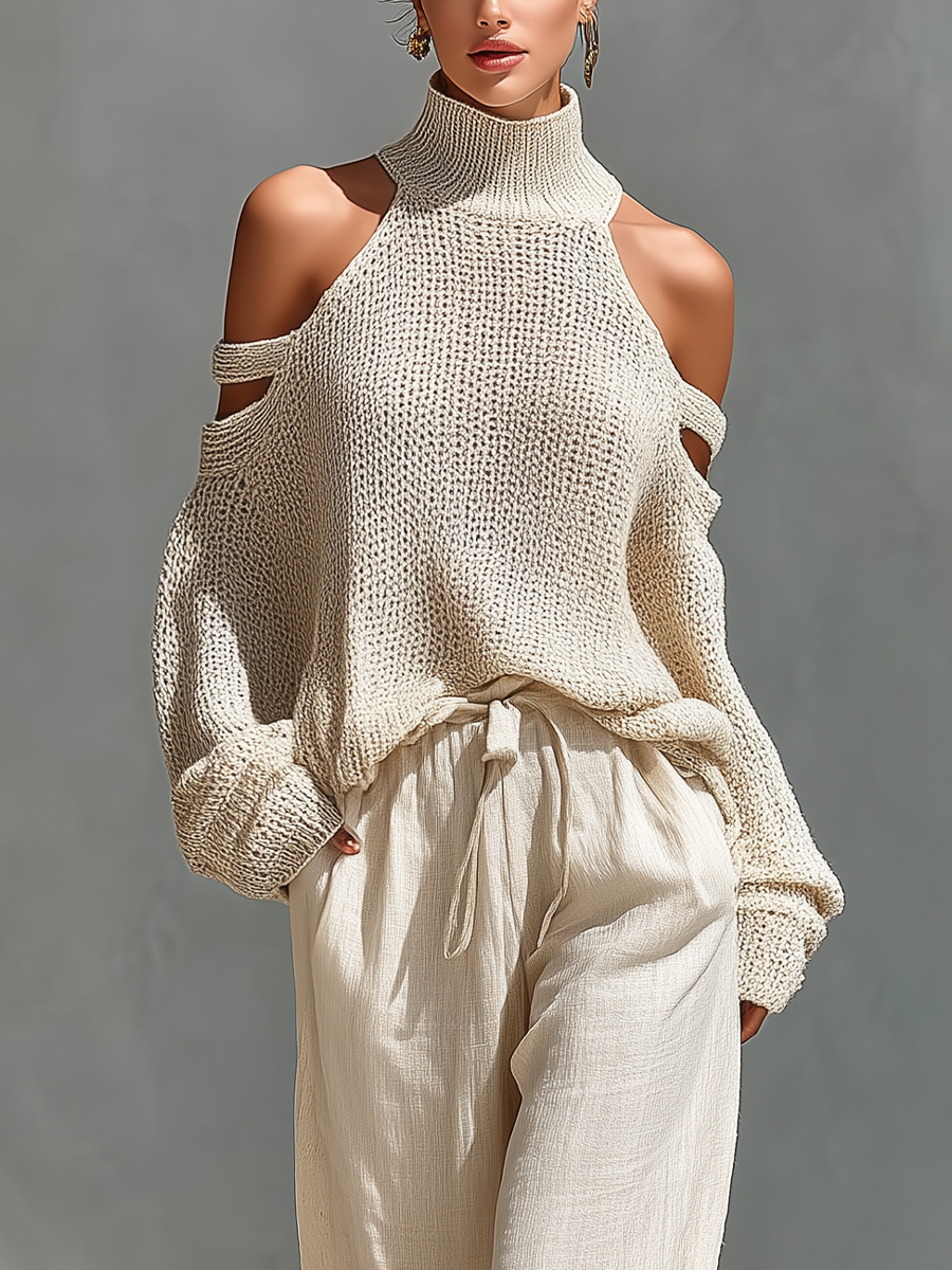 Women’s Beige Openwork Knit Cold Shoulder High Neck Sweater MDZ1262A7T