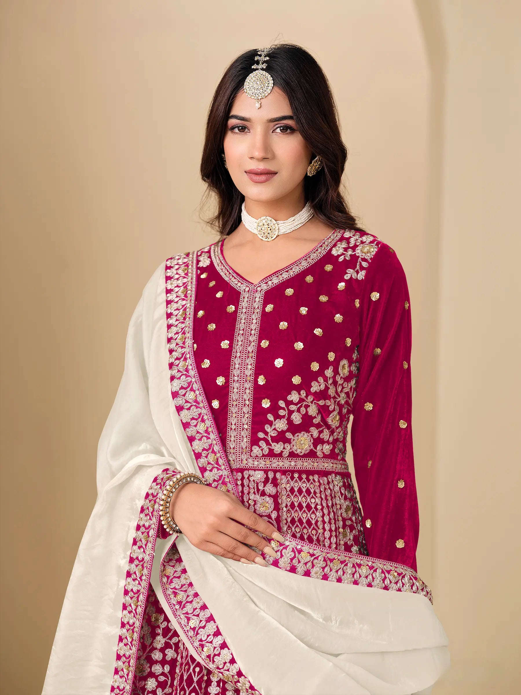 Rani Pink Velvet Heavy Embroidered Gown