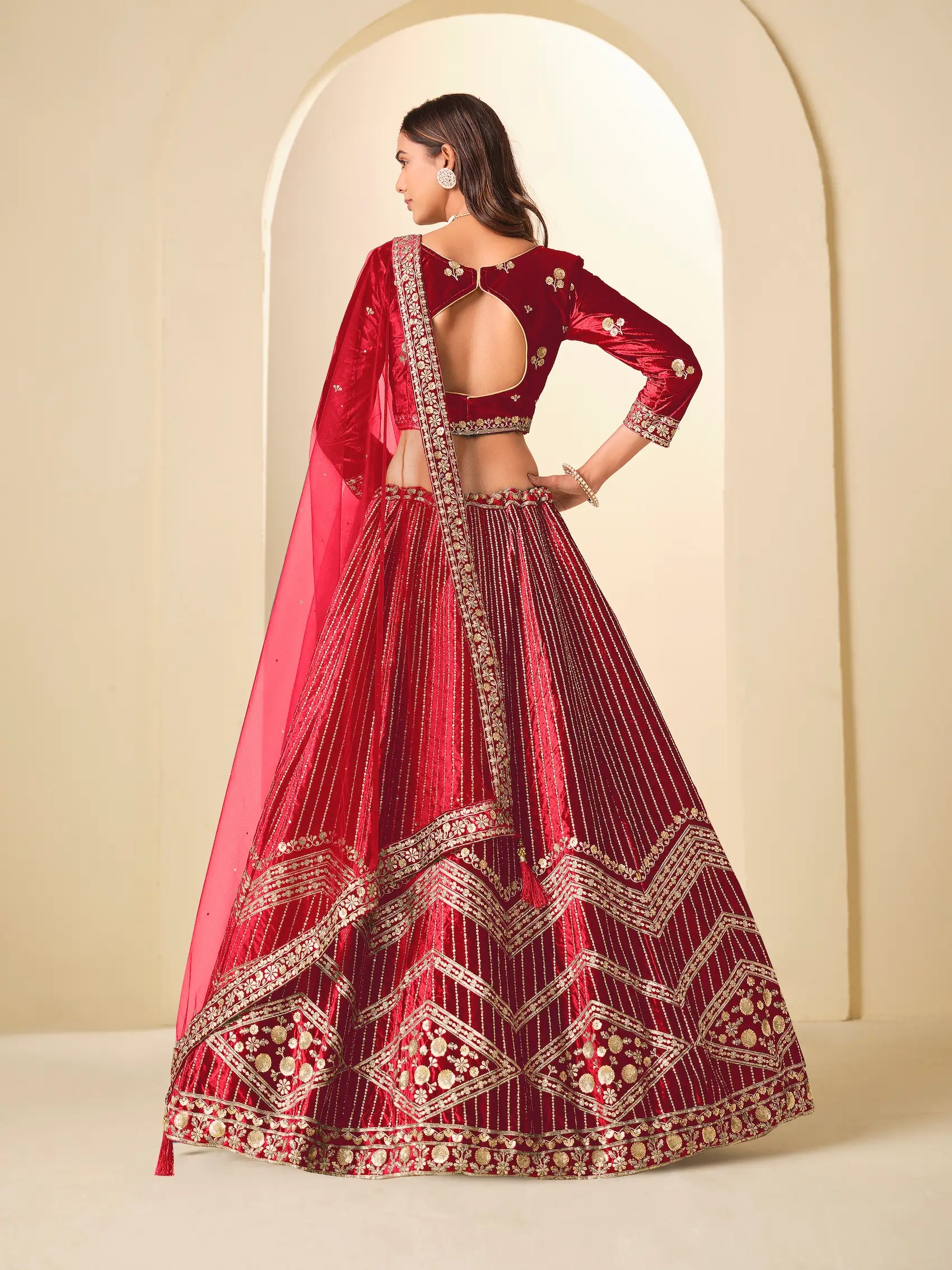 Chili Red Velvet Lehenga Choli With Embroidery