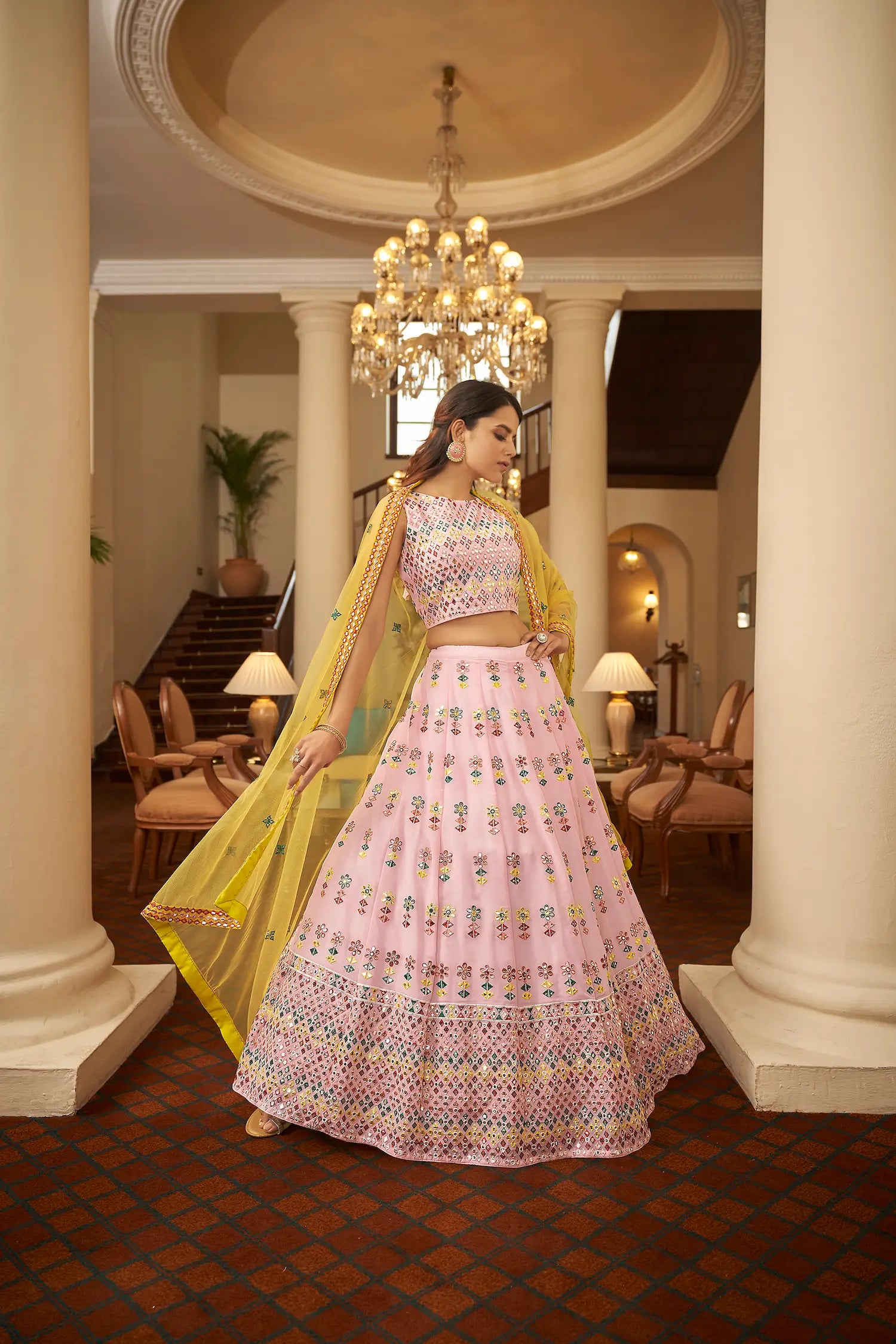 Light Pink Georgette Gota Patti With Thread Embroidered Work Lehenga Choli | Ready To Wear - qivii