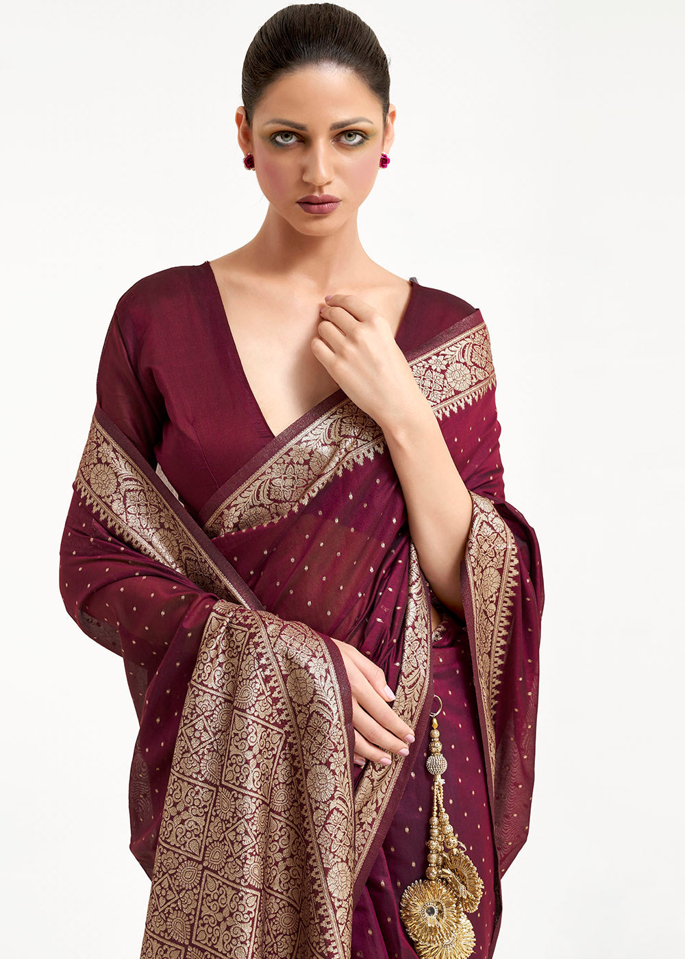 Mahagony Brown Woven Banarasi Silk Saree with overall Mukaish work - qivii