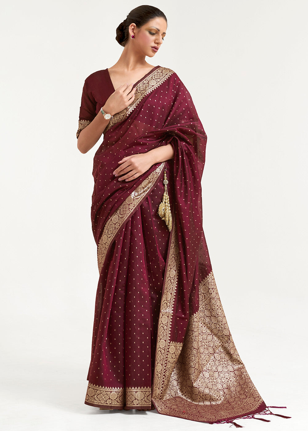 Mahagony Brown Woven Banarasi Silk Saree with overall Mukaish work - qivii