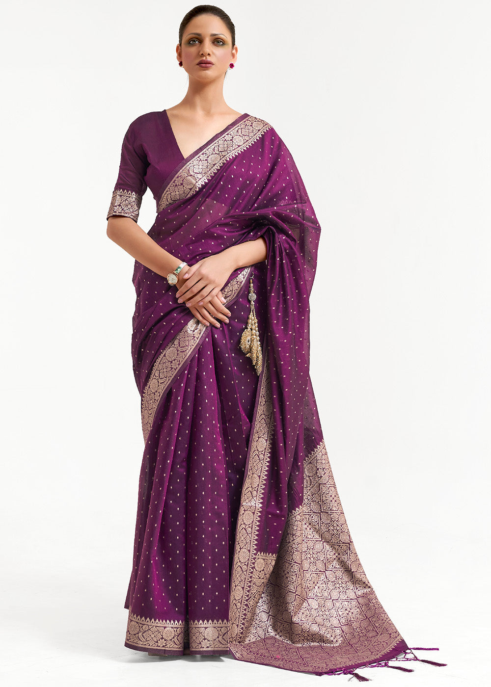 Eggplant Purple Woven Banarasi Silk Saree with overall Mukaish work - qivii