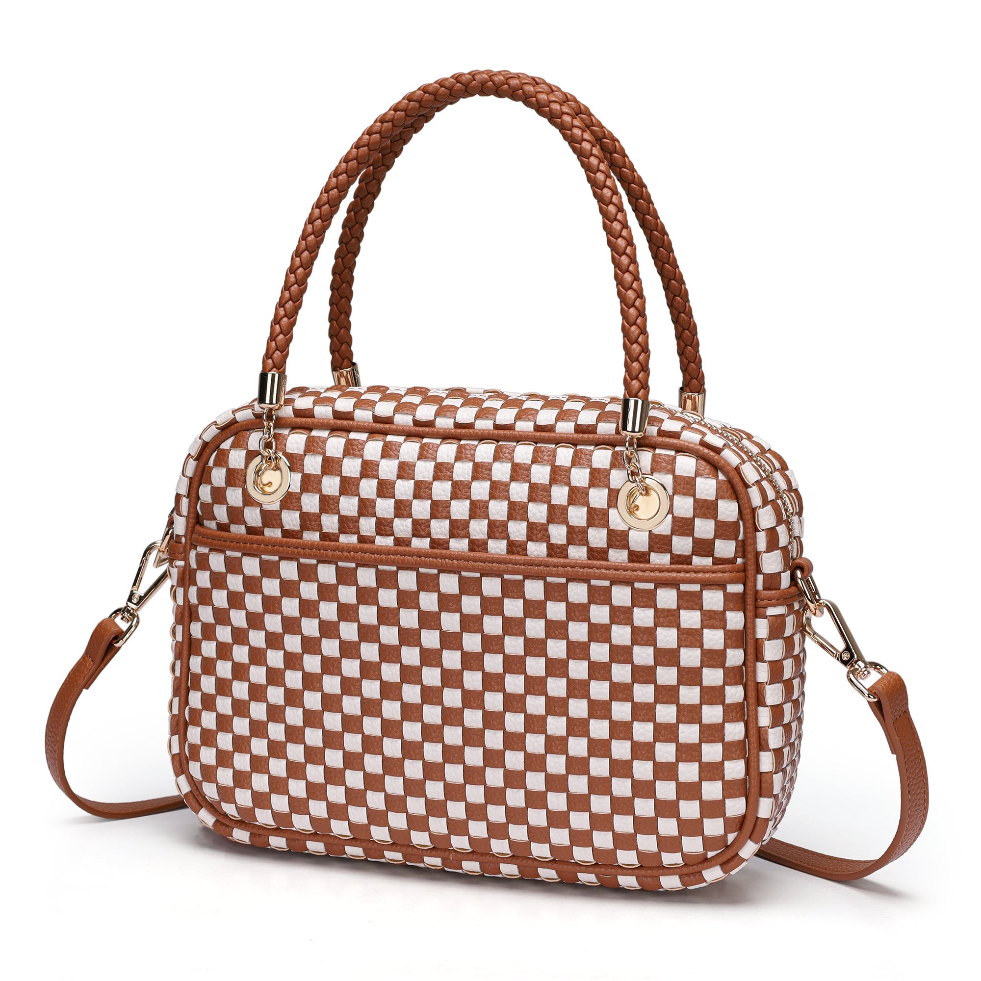 Ounamei Chic Checkered Woven Handbag Top Handle Crossbody Shoulder Bag Vegan Leather