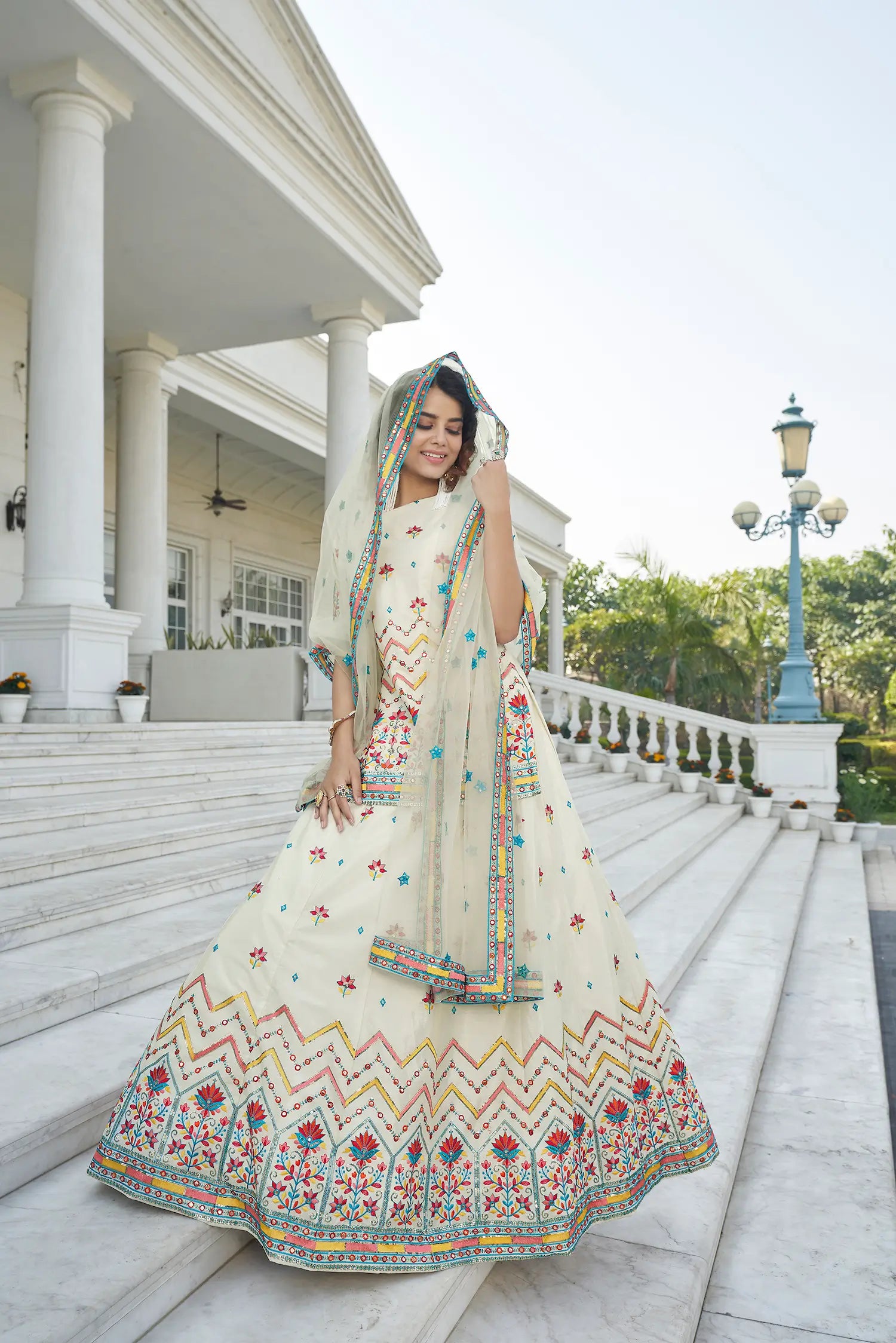 Beige Chinon Gota Patti With Thread & Sequence Embroidered Work Lehenga Choli | Ready To Wear - qivii
