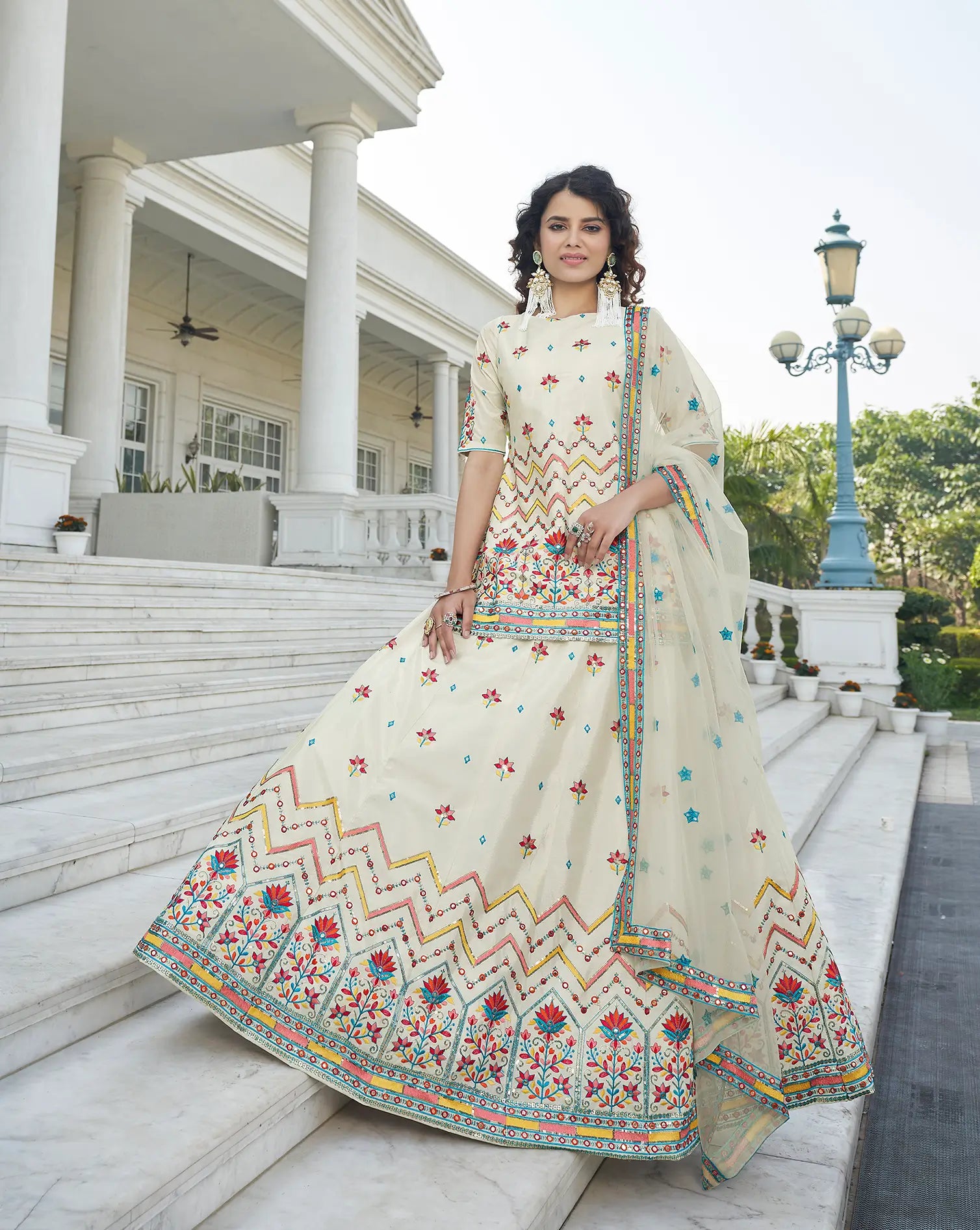Beige Chinon Gota Patti With Thread & Sequence Embroidered Work Lehenga Choli | Ready To Wear - qivii