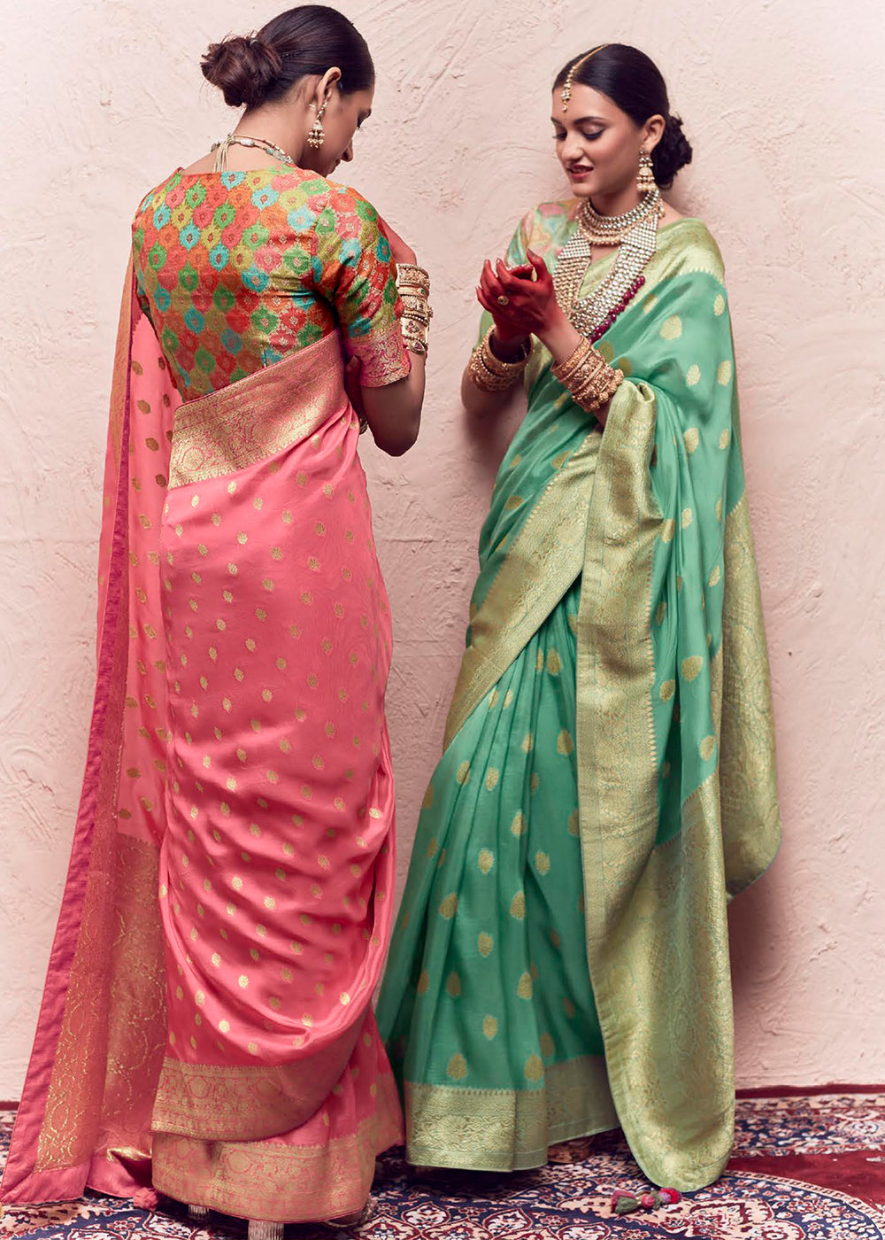 Watermelon Pink Zari Woven Dola Silk Saree With Zari Woven Blouse - qivii