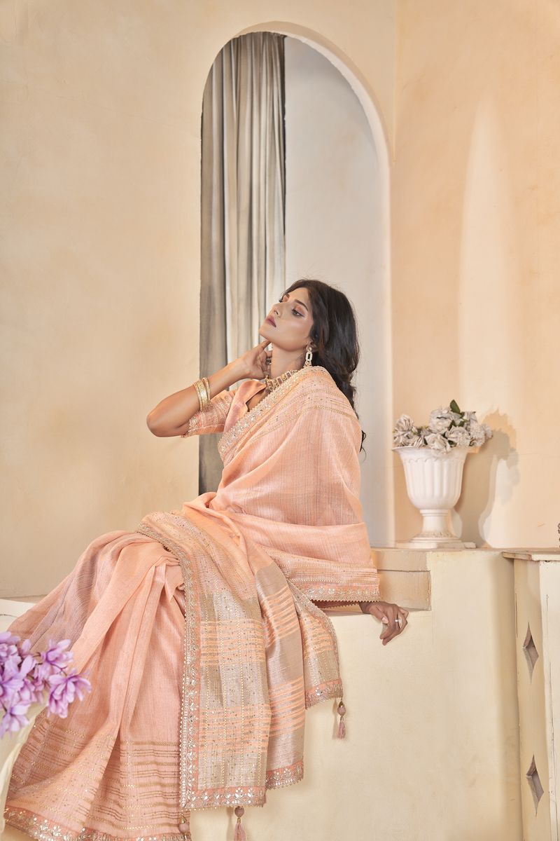 Cream Linen With Gota Coding Work Linen With Work Saree