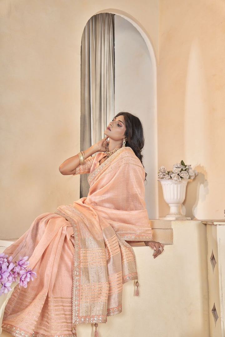 Cream Linen With Gota Coding Work Linen With Work Saree