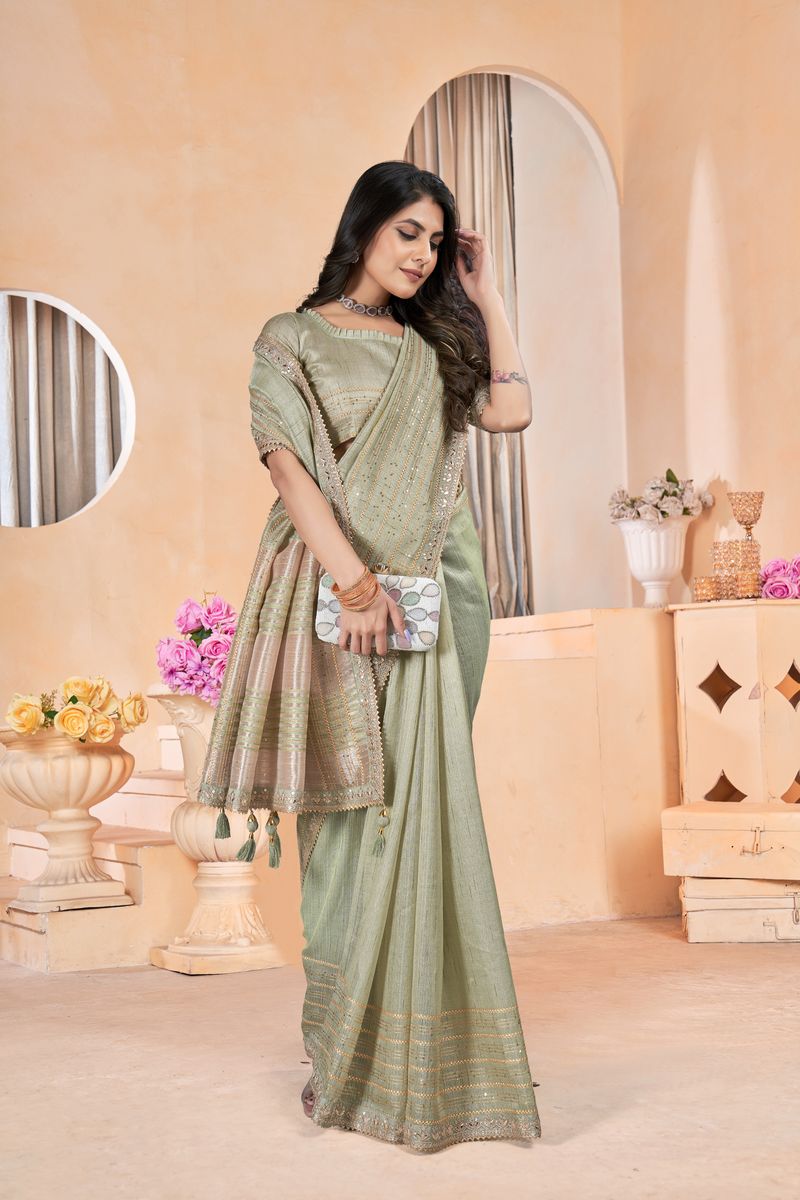 Green Linen With Gota Coding Work Linen With Work Saree