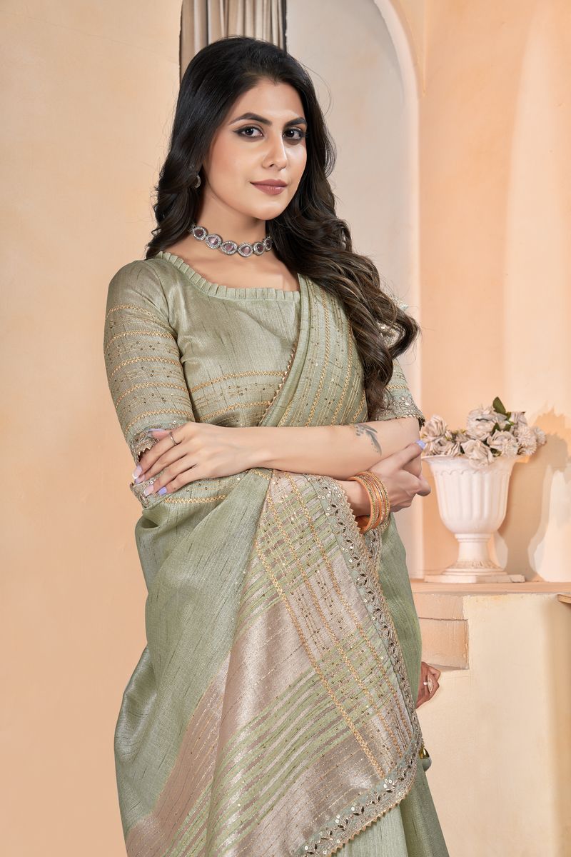 Green Linen With Gota Coding Work Linen With Work Saree