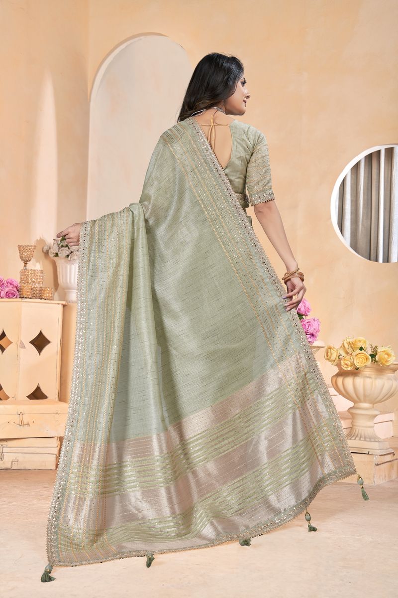 Green Linen With Gota Coding Work Linen With Work Saree