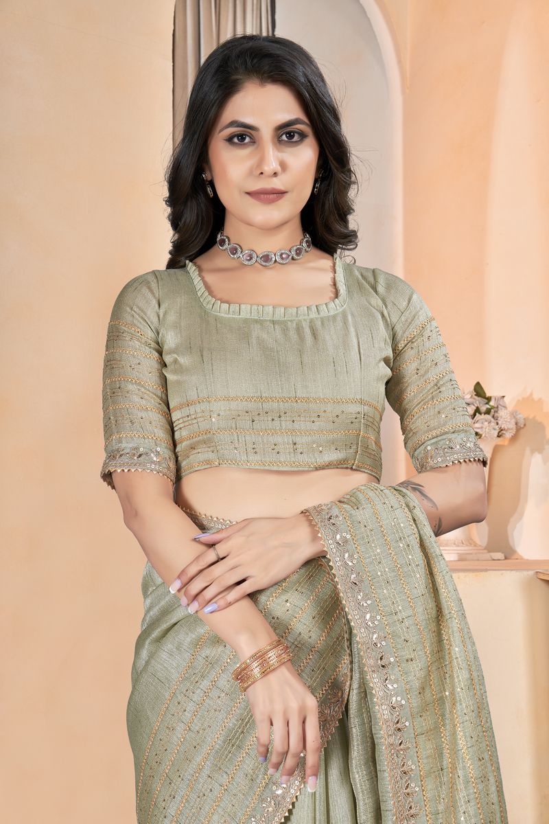 Green Linen With Gota Coding Work Linen With Work Saree