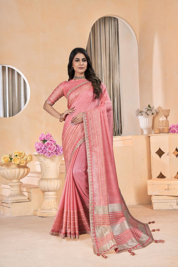 Pink Linen With Gota Coding Work Linen With Work Saree