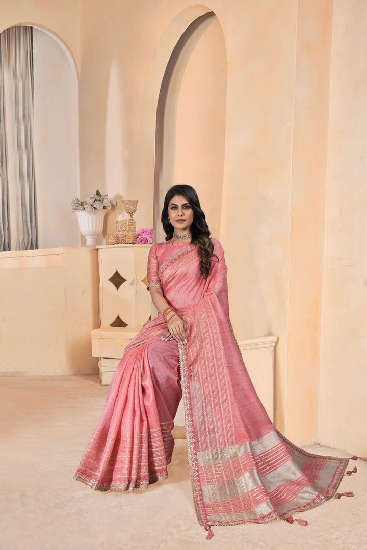 Pink Linen With Gota Coding Work Linen With Work Saree