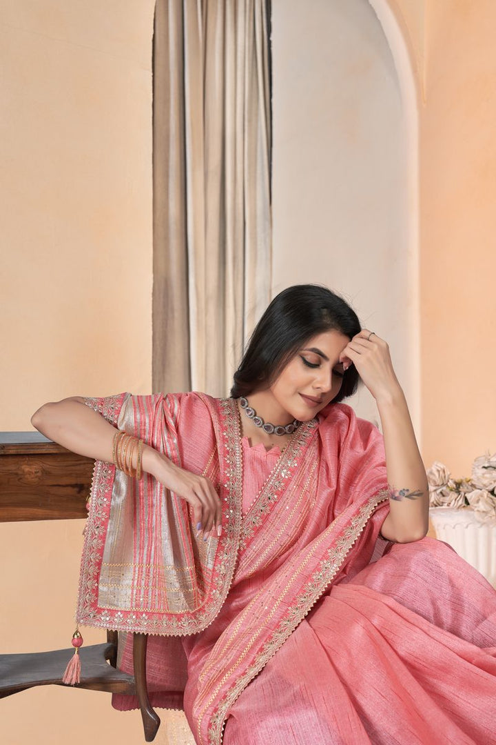 Pink Linen With Gota Coding Work Linen With Work Saree