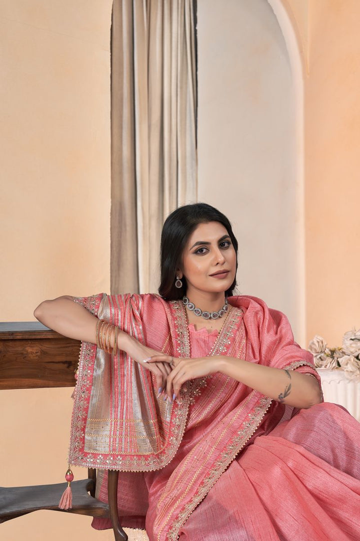 Pink Linen With Gota Coding Work Linen With Work Saree