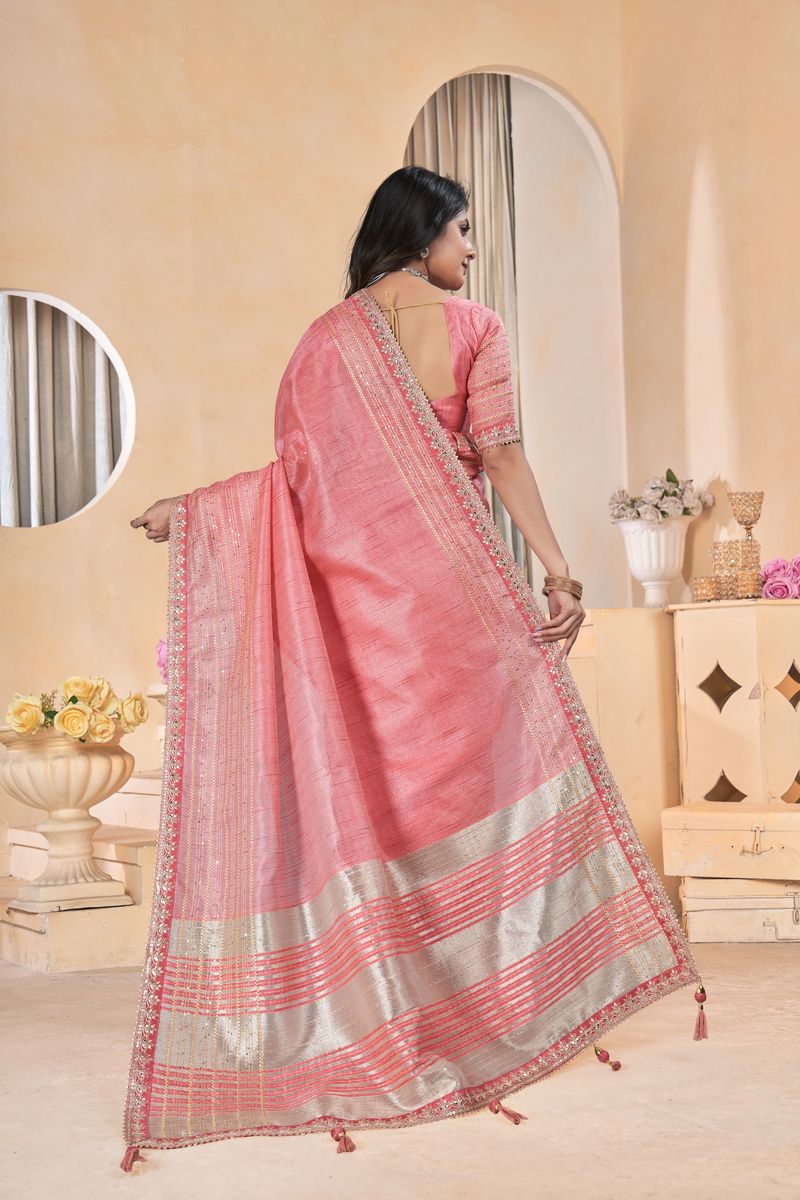 Pink Linen With Gota Coding Work Linen With Work Saree