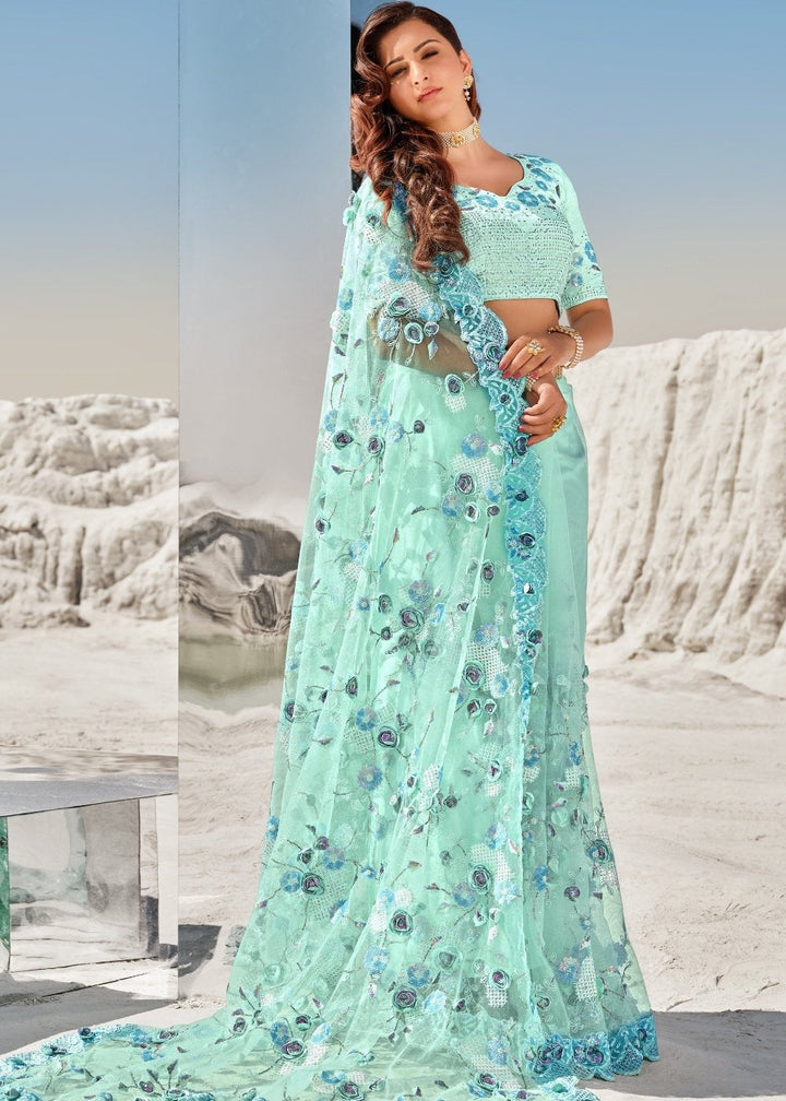 Arctic Blue Designer Net Saree with Hand-Made Flower,Moti & Cut-Dana work