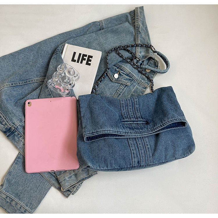 Women's Vintage Denim Tote Bag with Chain Strap – Structured Large-Capacity Crossbody & Shoulder Bag